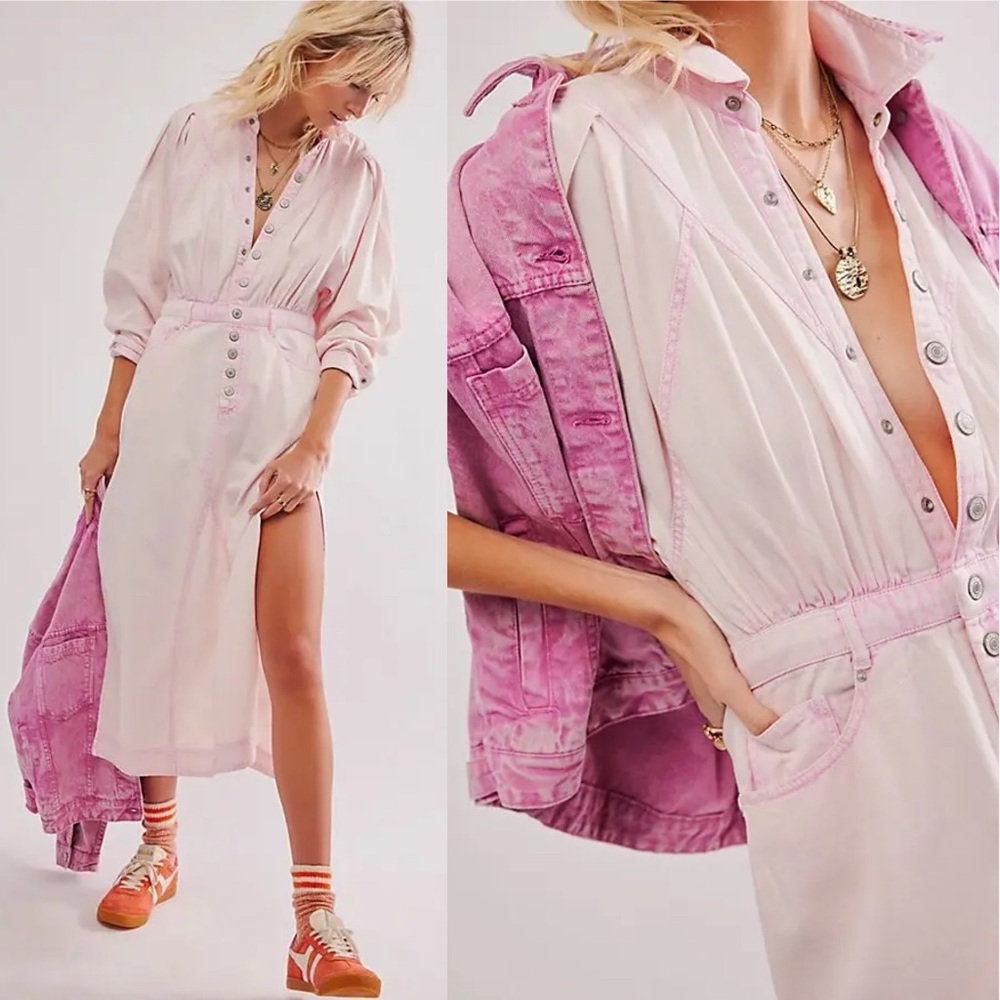Free People Mad Love Denim Midi Dress Quartz Pink NEW Size XL Cotton Long Sleeve